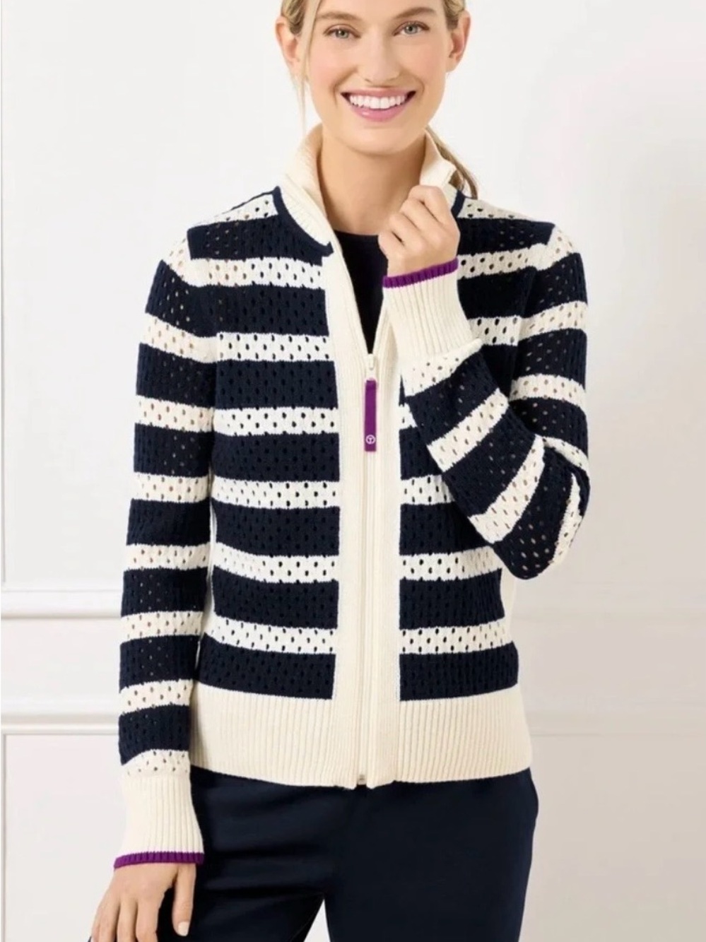 Talbots Coolmax Full Zip Sweater Jacket Navy White Striped New Size 2X Plus Size